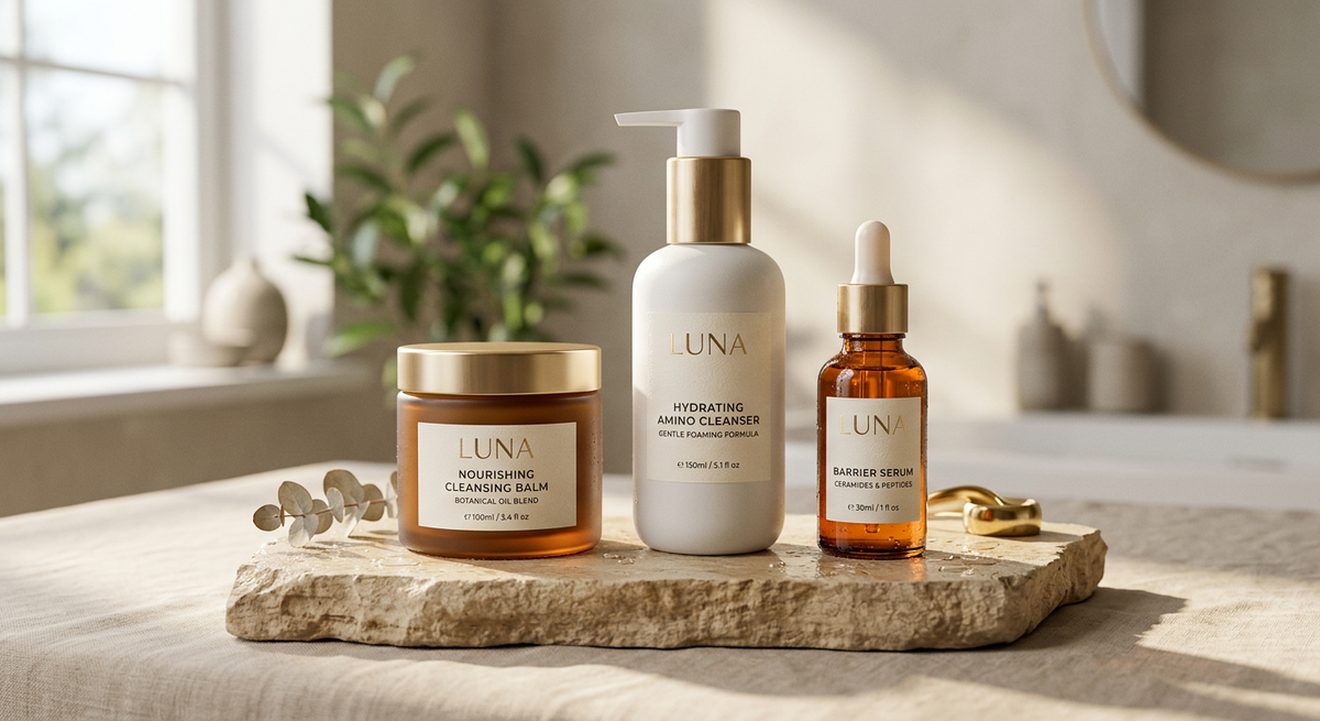 The 3-Step Daily Reset Routine luxury skincare bundle on stone podium