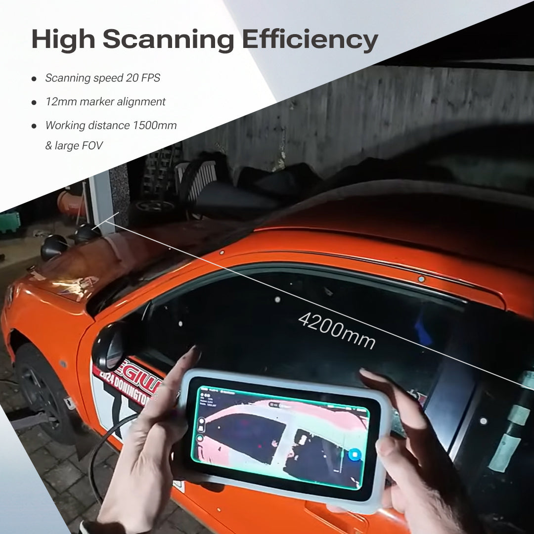 All-in-one 3D scanner with built-in screen scanning a mechanical component in a workshop