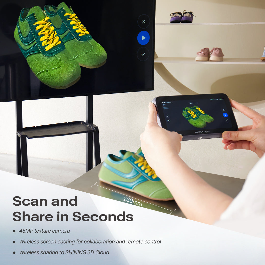 Portable 3D scanner scanning a dental model, showing detailed mesh on the display