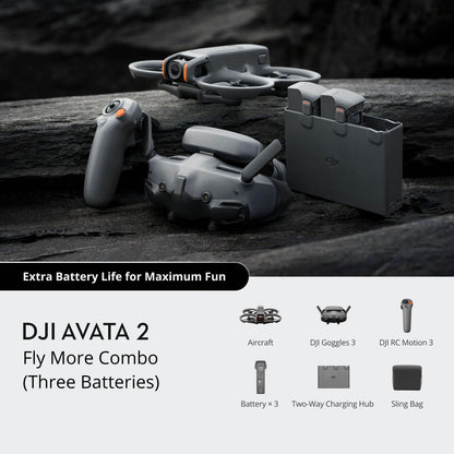 Top-down view of an FPV drone kit with three batteries and a carry case